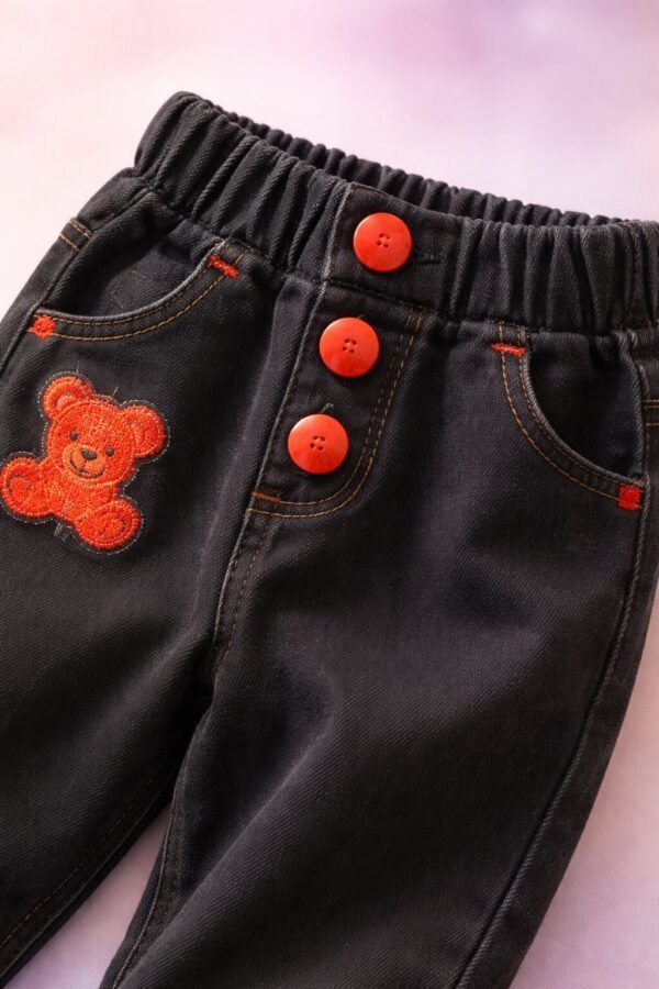 Kız Çocuk Kot Pantolon Siyah Renkli Düğmeli 1-4 Yaş rahat ve dayanıklı çocuk pantolonu - Gorsel 3