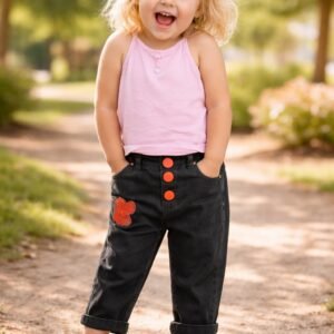 Kız Çocuk Kot Pantolon Siyah Renkli Düğmeli 1-4 Yaş rahat ve dayanıklı çocuk pantolonu