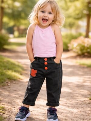 Kız Çocuk Kot Pantolon Siyah Renkli Düğmeli 1-4 Yaş rahat ve dayanıklı çocuk pantolonu