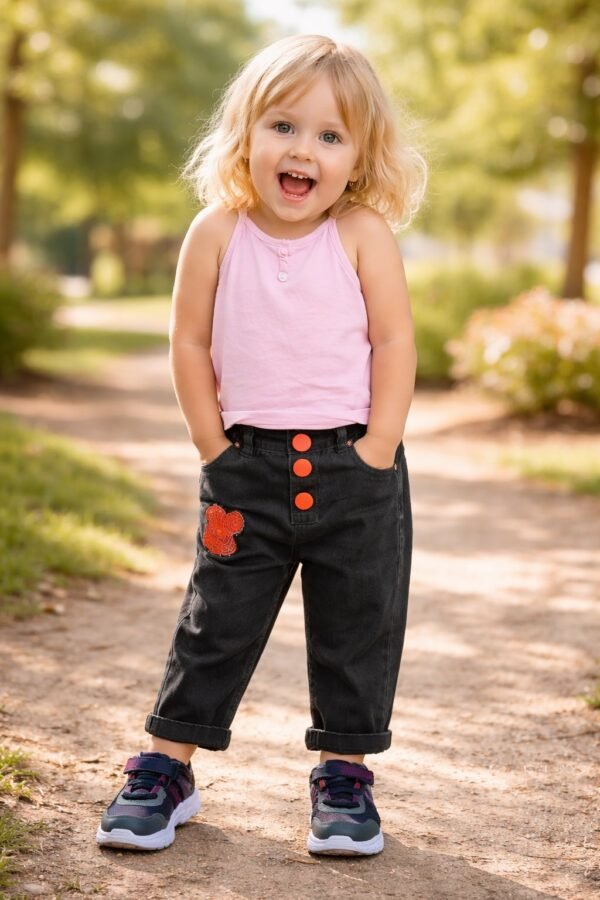 Kız Çocuk Kot Pantolon Siyah Renkli Düğmeli 1-4 Yaş rahat ve dayanıklı çocuk pantolonu