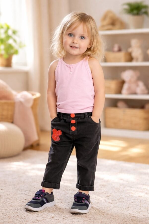 Kız Çocuk Kot Pantolon Siyah Renkli Düğmeli 1-4 Yaş rahat ve dayanıklı çocuk pantolonu - Gorsel 2