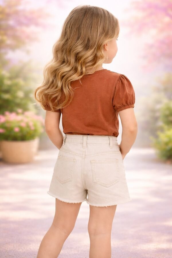 Kız Çocuk Kot Takım Kahve Krem Yazlık Günlük Giyim, rahat ve şık günlük kıyafet - Gorsel 4