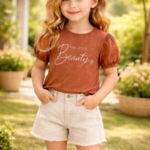 Kız Çocuk Kot Takım Kahve Krem Yazlık Günlük Giyim