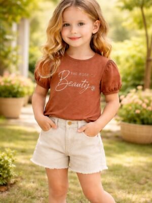 Kız Çocuk Kot Takım Kahve Krem Yazlık Günlük Giyim, rahat ve şık günlük kıyafet