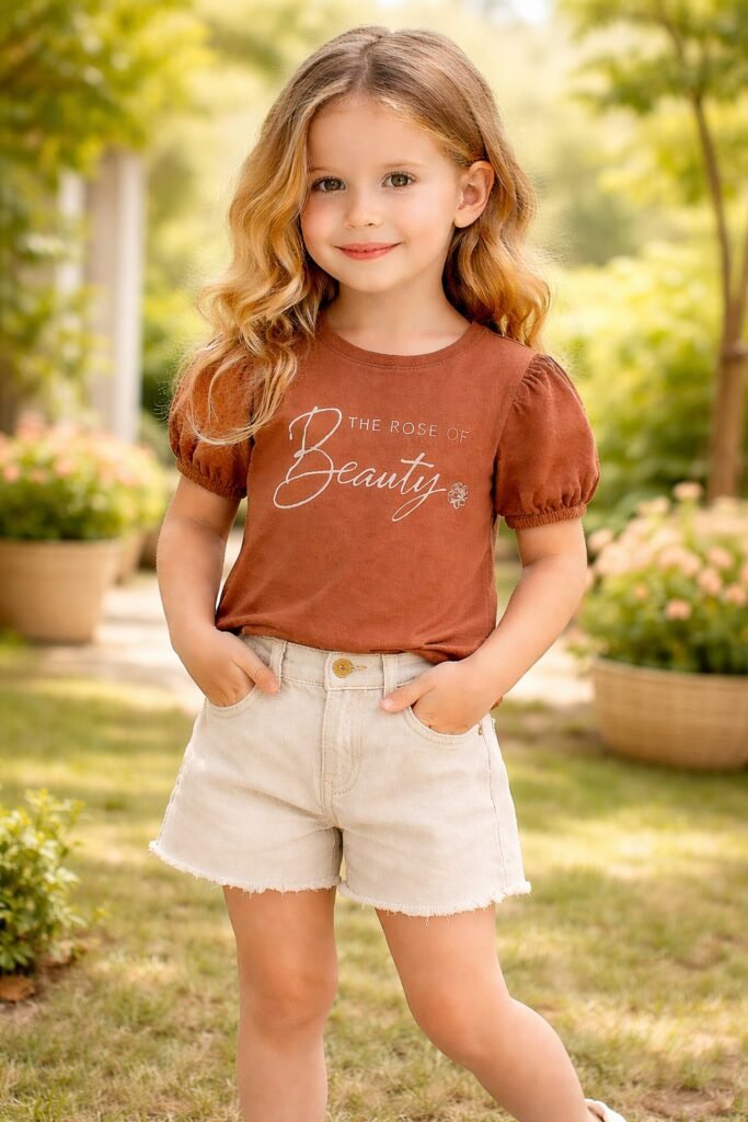 Kız Çocuk Kot Takım Kahve Krem Yazlık Günlük Giyim, rahat ve şık günlük kıyafet