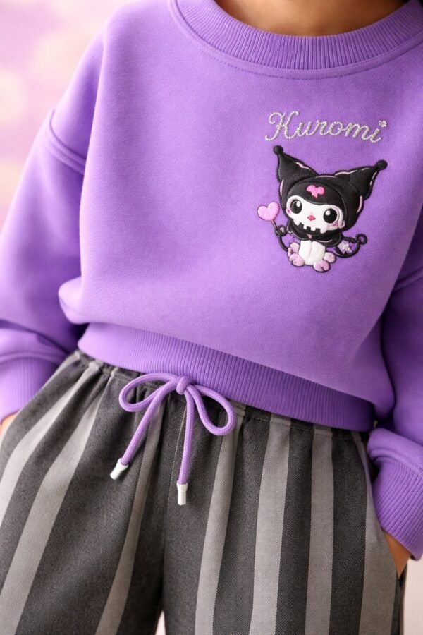 Kız Çocuk Kuromi Baskılı Çizgili Takım, Günlük Giyim, Rahat ve Dayanıklı - Gorsel 3