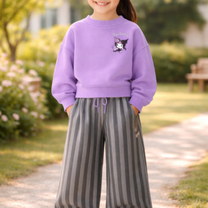 Kız Çocuk Mor Kuromi Baskılı Çizgili Takım, Günlük Kullanım ve Oyun Giysisi