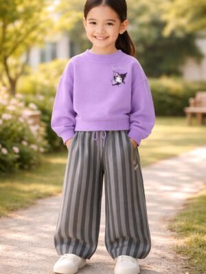 Kız Çocuk Kuromi Baskılı Çizgili Takım, Günlük Giyim, Rahat ve Dayanıklı