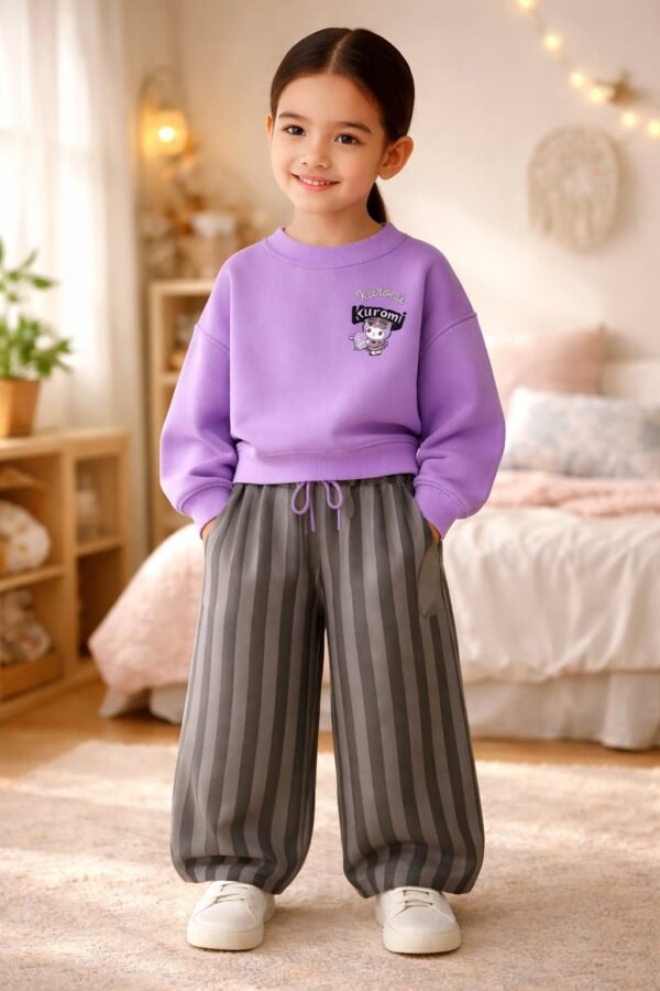 Kız Çocuk Kuromi Baskılı Çizgili Takım, Günlük Giyim, Rahat ve Dayanıklı - Gorsel 2