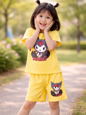 Kız Çocuk Kuromi Baskılı Kısa Kollu Şort Takım, renkli ve rahat, çocuklar için uygun