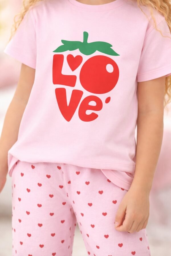 Kız Çocuk Love Baskılı Kalpli Kısakollu Pembe Renk Pijama Takımı, kız çocuk giyim, rahat ve şık tasarım - Gorsel 3