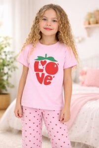 Kız Çocuk Love Baskılı Kalpli Kısakollu Pembe Renk Pijama Takımı