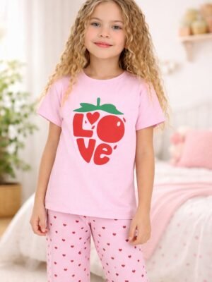 Kız Çocuk Love Baskılı Kalpli Kısakollu Pembe Renk Pijama Takımı, kız çocuk giyim, rahat ve şık tasarım