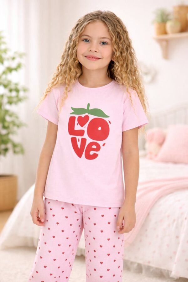 Kız Çocuk Love Baskılı Kalpli Kısakollu Pembe Renk Pijama Takımı, kız çocuk giyim, rahat ve şık tasarım - Gorsel 2