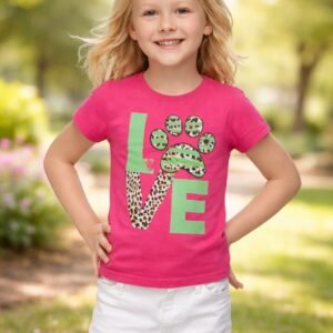 Kız Çocuk Love Desenli T-Shirt Renk Seçenekleri Mor Pembe Mavi Pamuklu Günlük Kullanım