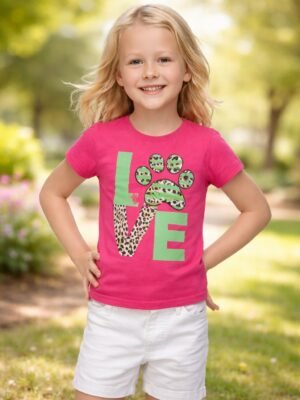 Kız Çocuk Love Desenli T-Shirt Renk Seçenekleri Mor Pembe Mavi Pamuklu Günlük Kullanım