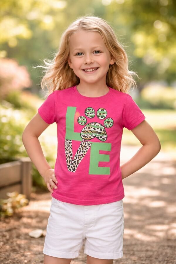 Kız Çocuk Love Desenli T-Shirt Renk Seçenekleri Mor Pembe Mavi Pamuklu Günlük Kullanım - Gorsel 2