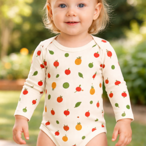 Kız Bebek Meyve Desenli Uzun Kollu Çıtçıtlı Body, Krem Renk, Rahat Giyim