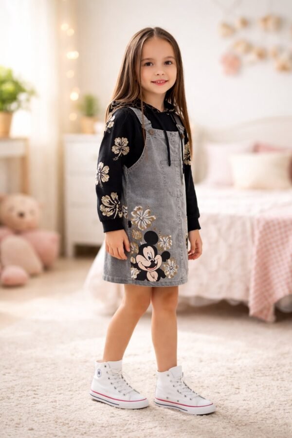 Kız Çocuk Mickey Kot Elbise Takımı Yazlık Rahat ve Şık, siyah renkli, Mickey baskılı çocuk elbisesi - Gorsel 2