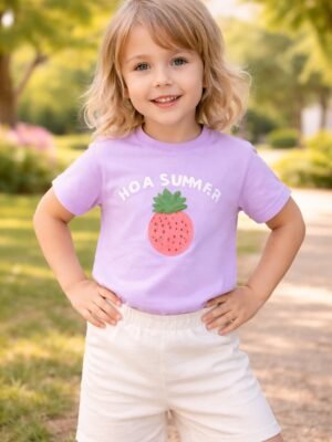 Kız Çocuk Mor Yazlık Ananas Baskılı Tişört, Yazlık ve Rahat Giyim