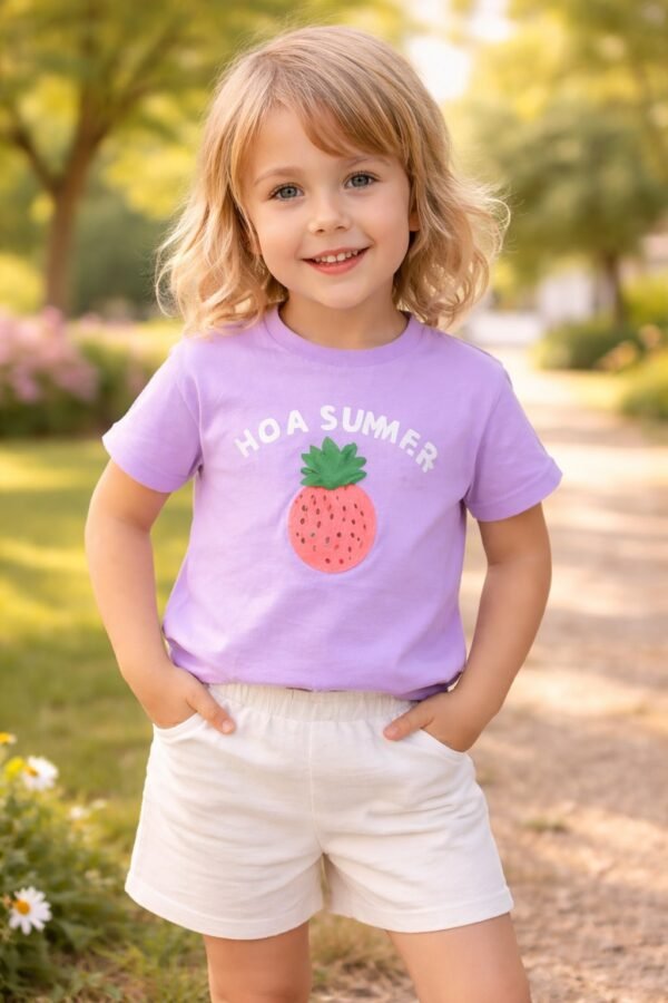 Kız Çocuk Mor Yazlık Ananas Baskılı Tişört, Yazlık ve Rahat Giyim - Gorsel 2