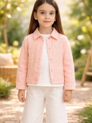 Kız Çocuk Kısa Kollu Tül İşlemeli Kot Ceket Takım, rahat ve şık, çeşitli bedenlerde