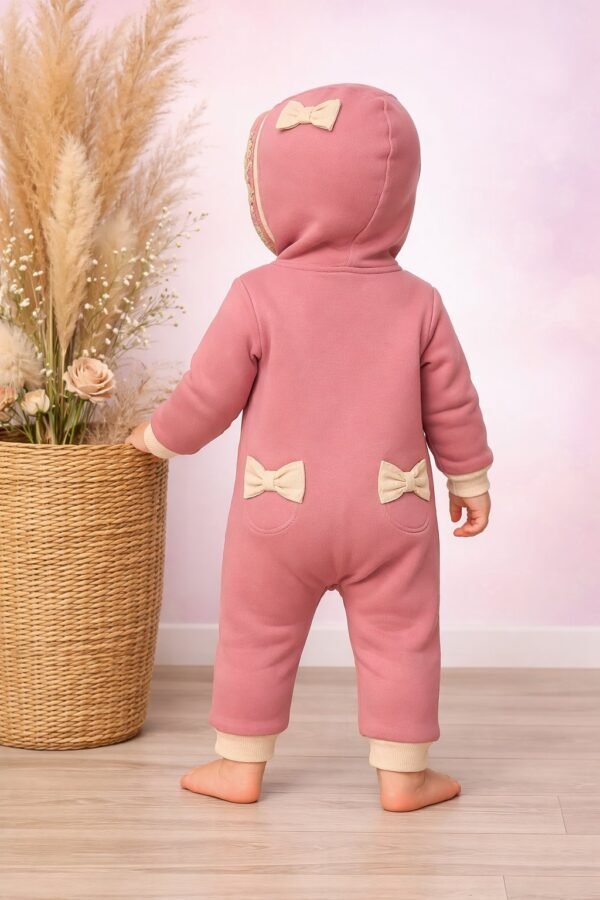 Gül Kurusu Renkli Kız Bebek Tulum Kapşonlu Düğmeli Uzun Kollu - Gorsel 4