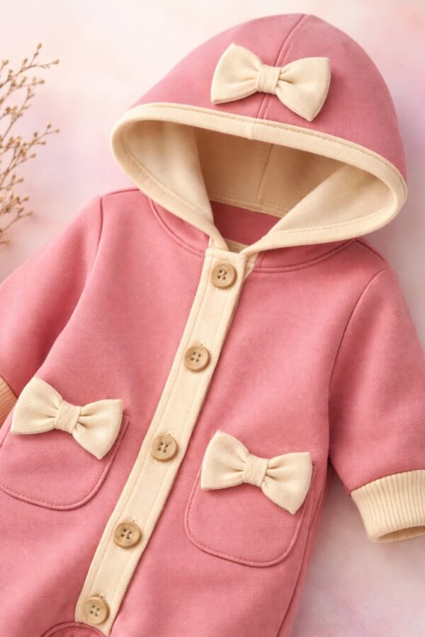 Gül Kurusu Renkli Kız Bebek Tulum Kapşonlu Düğmeli Uzun Kollu - Gorsel 3