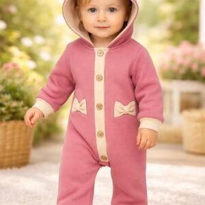 Gül Kurusu Renkli Kız Bebek Tulum Kapşonlu Düğmeli Uzun Kollu