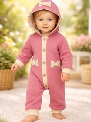 Gül Kurusu Renkli Kız Bebek Tulum Kapşonlu Düğmeli Uzun Kollu