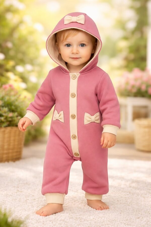 Gül Kurusu Renkli Kız Bebek Tulum Kapşonlu Düğmeli Uzun Kollu