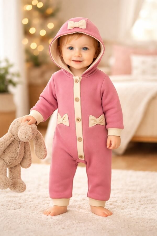 Gül Kurusu Renkli Kız Bebek Tulum Kapşonlu Düğmeli Uzun Kollu - Gorsel 2