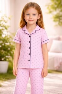 Kız Çocuk Önden Düğmeli Kısa Kollu Çiçek Baskılı Pembe Renk Pijama Takımı