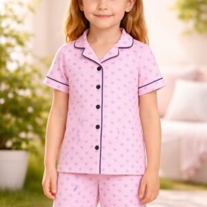 Kız Çocuk Pijama Takımı Önden Düğmeli Kısa Kollu Çiçek Baskılı