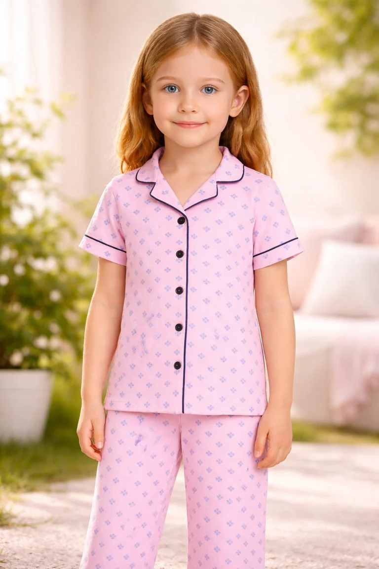 Kız Çocuk Önden Düğmeli Kısa Kollu Çiçek Baskılı Pembe Renk Pijama Takımı