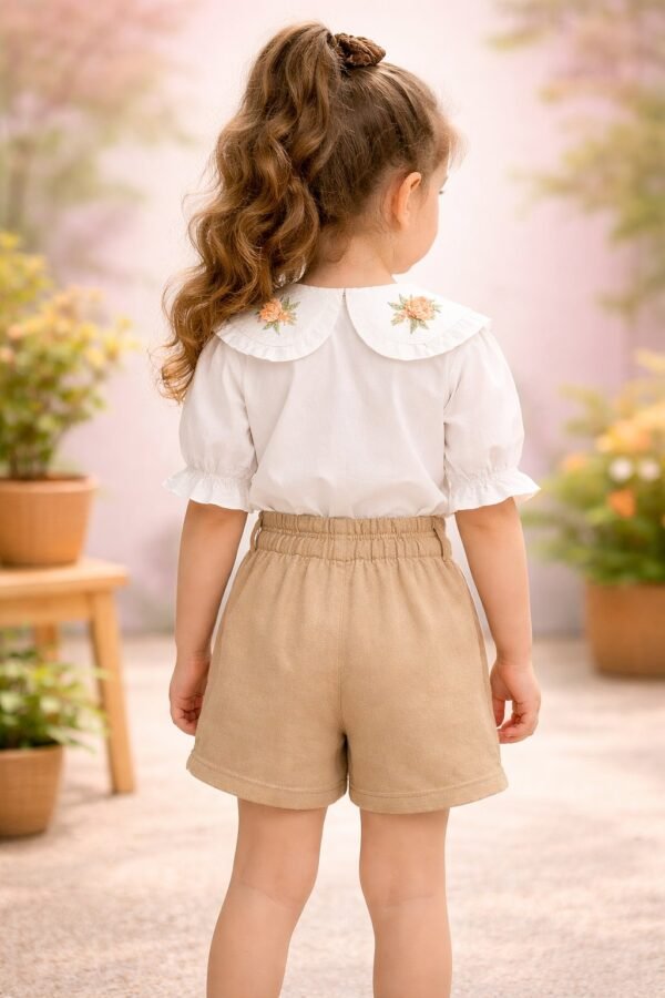 Kadife Kız Çocuk Takım Düğmeli Yaka Nakışlı Kısa Kollu rahat ve şık tasarım - Gorsel 4