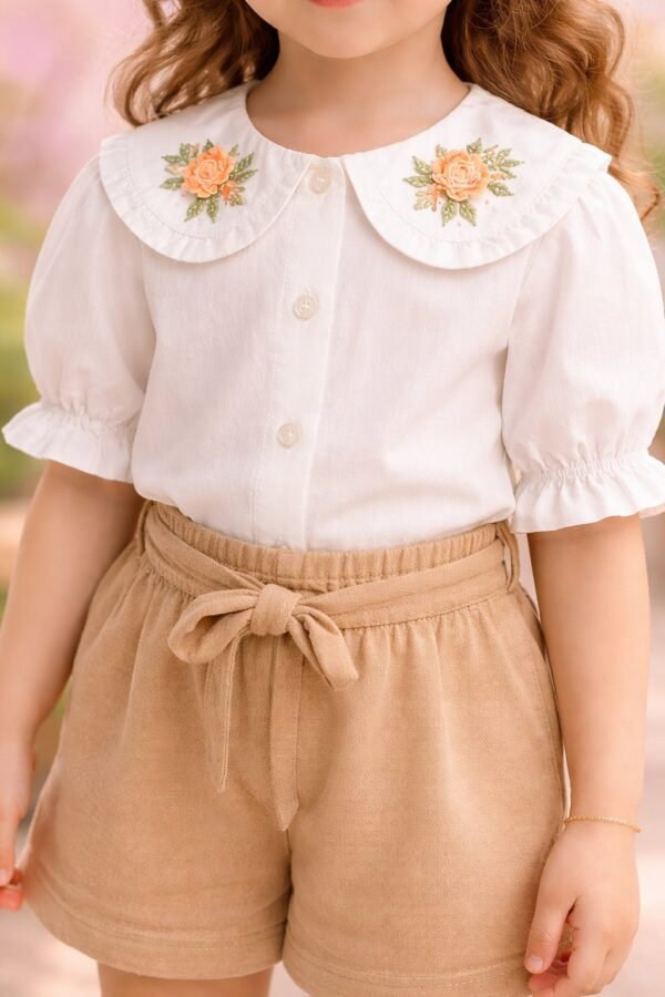 Kadife Kız Çocuk Takım Düğmeli Yaka Nakışlı Kısa Kollu rahat ve şık tasarım - Gorsel 3