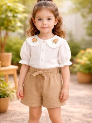 Kadife Kız Çocuk Takım Düğmeli Yaka Nakışlı Kısa Kollu rahat ve şık tasarım