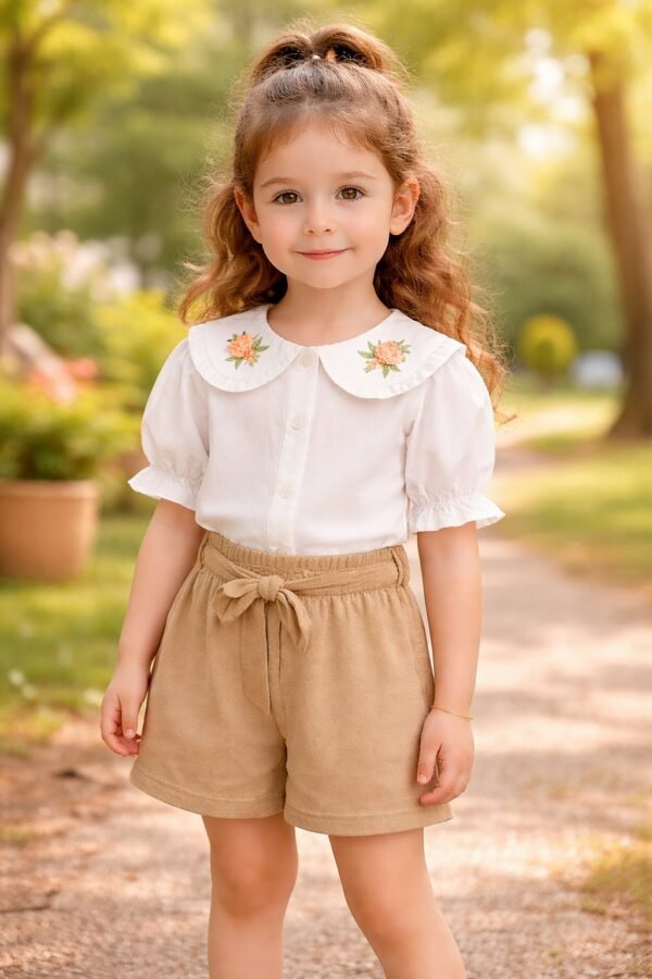 Kadife Kız Çocuk Takım Düğmeli Yaka Nakışlı Kısa Kollu rahat ve şık tasarım - Gorsel 2