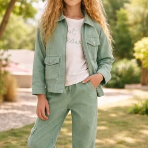 Kız Çocuk Kot Takım Yeşil Fermuarlı Ceket Kısa Kollu Tişört rahat ve şık görünüm