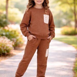 Kız Çocuk Örme Cepli Kahverengi Eşofman Takımı, rahat ve şık çocuk spor giyim