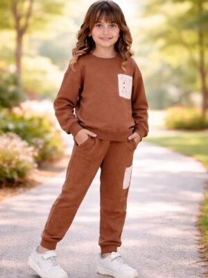 Kız Çocuk Örme Cepli Kahverengi Eşofman Takımı, rahat ve şık çocuk spor giyim