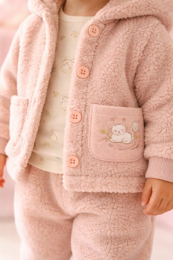 Kız Çocuk Peluş Takım Kapşonlu Kanguru Cepli Baskılı, Bebek Giyim, Yumuşak ve Rahat - Gorsel 3