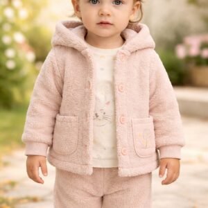 Kız Çocuk Peluş Takım Kapşonlu Kanguru Cepli Baskılı, Bebek Giyim, Yumuşak ve Rahat