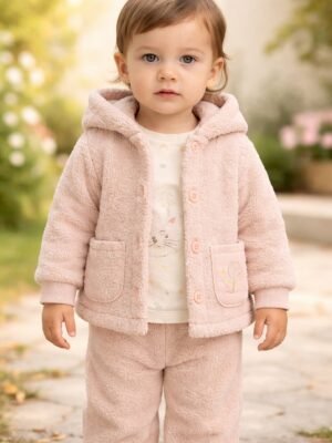 Kız Çocuk Peluş Takım Kapşonlu Kanguru Cepli Baskılı, Bebek Giyim, Yumuşak ve Rahat