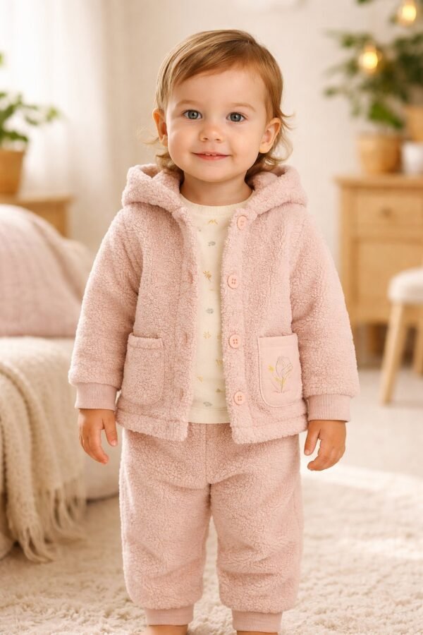 Kız Çocuk Peluş Takım Kapşonlu Kanguru Cepli Baskılı, Bebek Giyim, Yumuşak ve Rahat - Gorsel 2