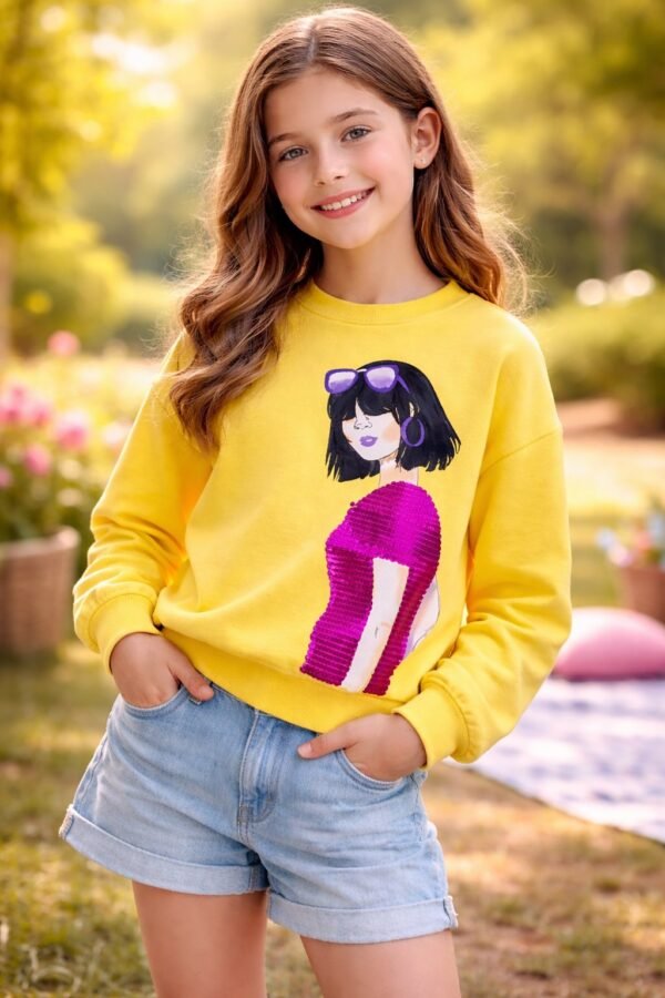 Kız Çocuk Pul İşlemeli Sweatshirt 11-13 Yaş Kalın Dokulu, rahat ve şık - Gorsel 2