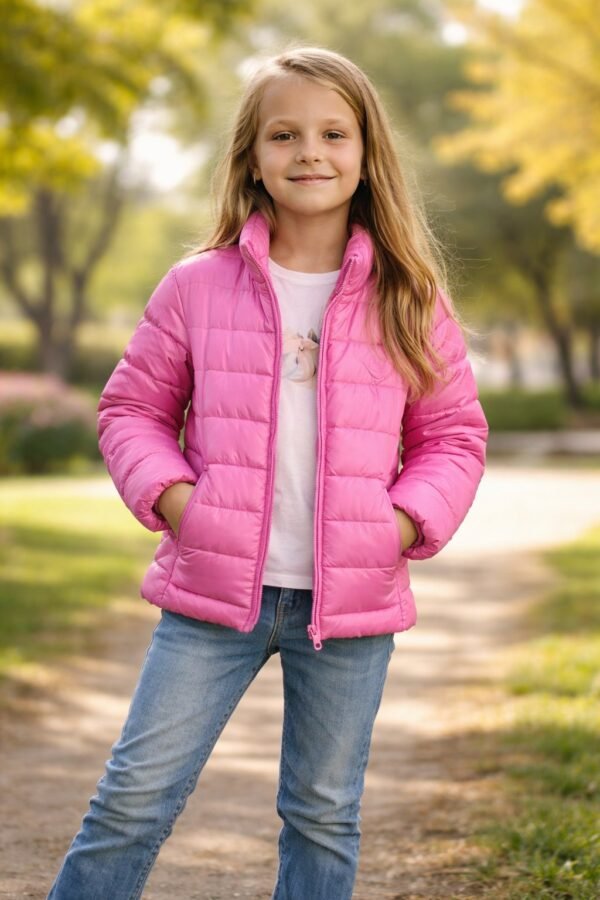 Kız Çocuk Şişme Mont Pembe Yandan Cepli Fermuarlı Kız Giyim
