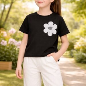 Kız Çocuk Siyah Çiçek İşlemeli Kısa Kollu Tişört ve Keten Pantolon Takımı, Kız Çocuk Giyim, Rahat ve şık