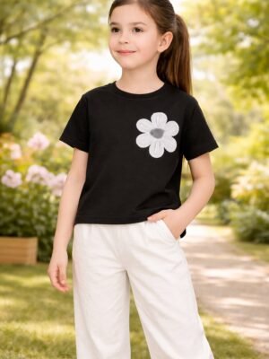 Kız Çocuk Siyah Çiçek İşlemeli Kısa Kollu Tişört ve Keten Pantolon Takımı, Kız Çocuk Giyim, Rahat ve şık
